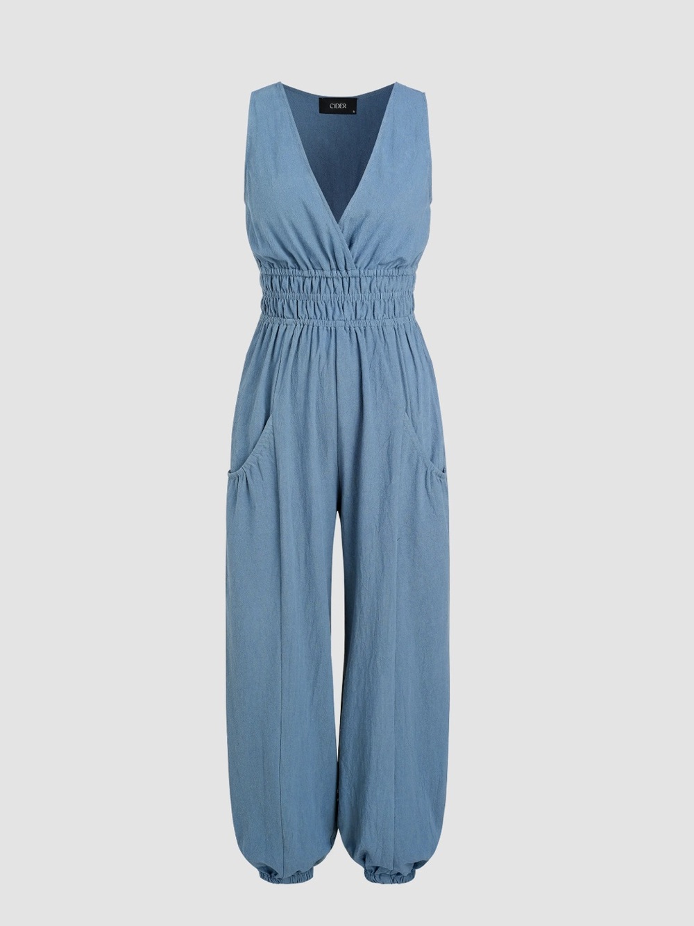 CIDER Blue Sleeveless Smocked Waist Jumpsuit